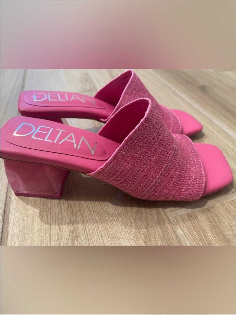 Deltan Fae Pink Raffia Block Heel Slide Woven Sandal Open Toe Sz 8 M - Picture 2 of 6